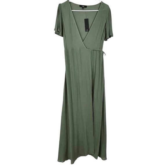 NWOT Lulus Sage Green Maxi Wrap Around Dress Feminine Soft Girl Romantic Size XS - Picture 2 of 12